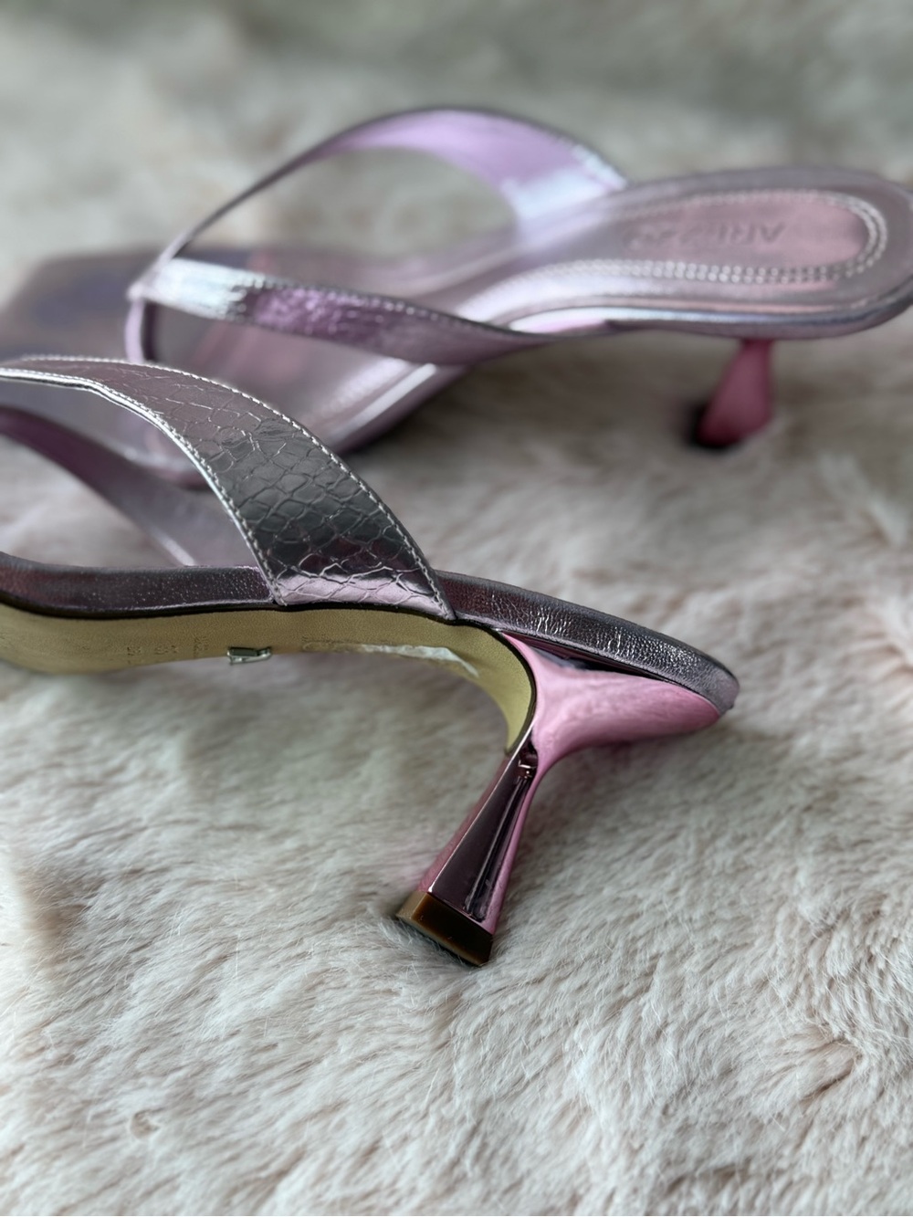 Arezzo Iridescent Pink Thong Heel Sandals - Picture 4 of 5